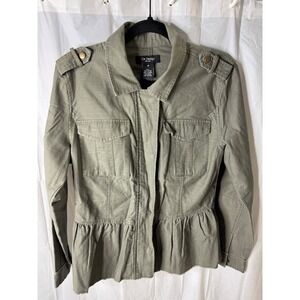 Cai Design NEWYORK Women's Utility Jacket Olive Green Peplum Button Front Size M